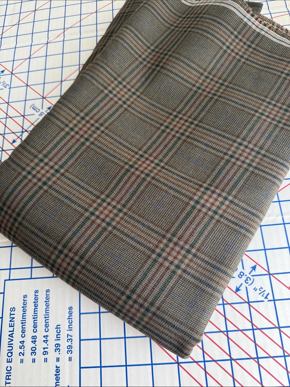 Vintage Glen Plaid Suiting Fabric 4 Yards x 58 Brown Green Burgundy Check